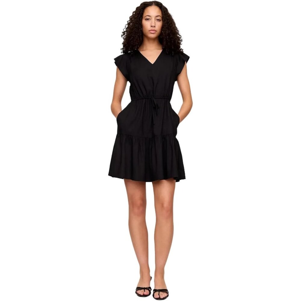 Women's Tie Waist Mini Dress 100% Cotton X-Large Black Short Sleeve